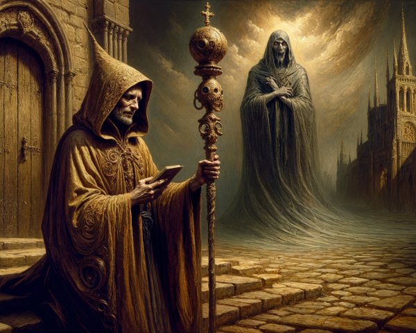 Hooded Figure with Staff in Dark Gothic Atmosphere