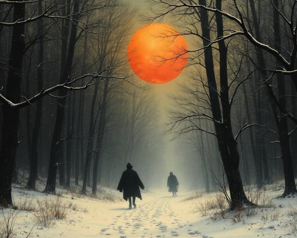 Figures Walking on Snowy Path in Misty Forest