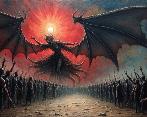 Dramatic Artwork of Winged Figure Over Warriors
