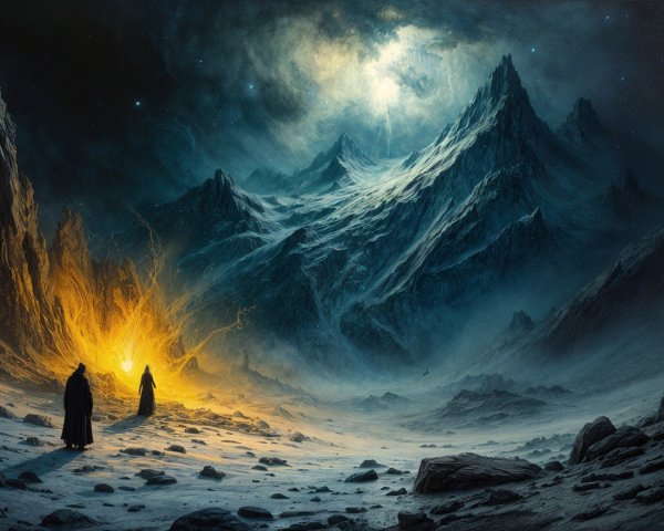 Cloaked Figures in an Otherworldly Mountain Landscape