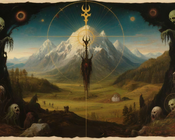 Dark Fantasy Landscape with Ghostly Figures and Mountains