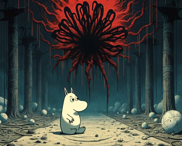 Surreal Forest Scene with White Creature and Shadows