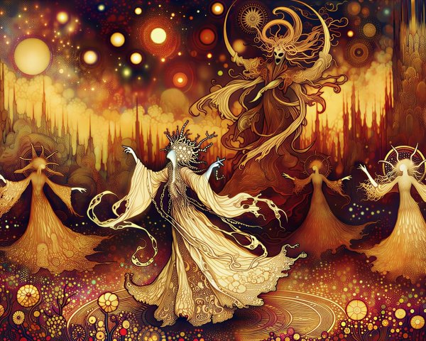 Ethereal Figures in Ritual Dance on Otherworldly Landscape