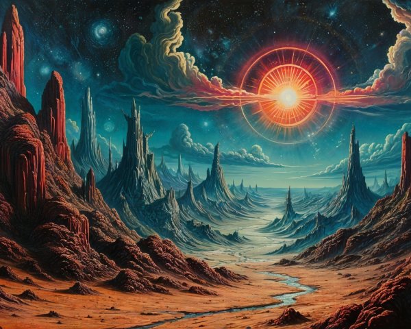 Surreal Alien Landscape with Vibrant Sky and Rivers