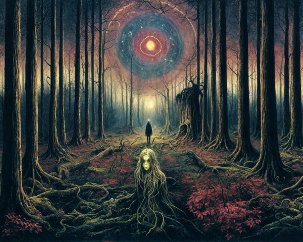 Mystical forest with cosmic portal and ethereal figure
