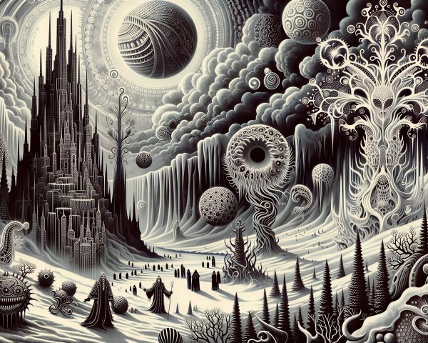Intricate Black and White Psychedelic Winter Landscape