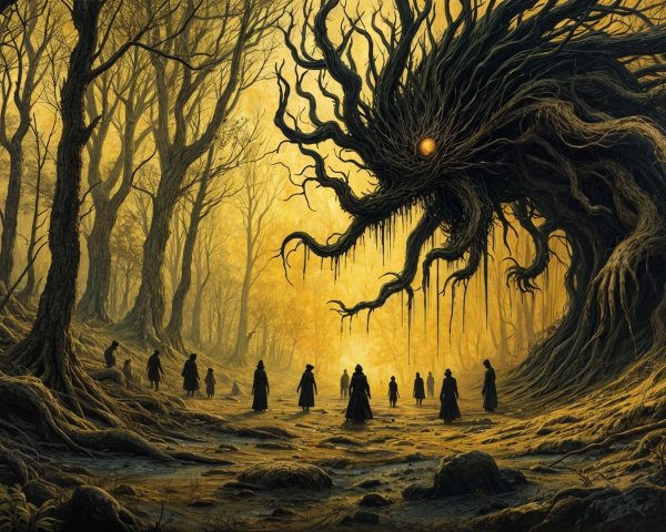 Eerie Forest with Twisted Tree Creature and Cloaked Figures