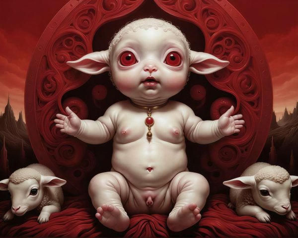 Pale-skinned baby with red eyes on velvet cushion