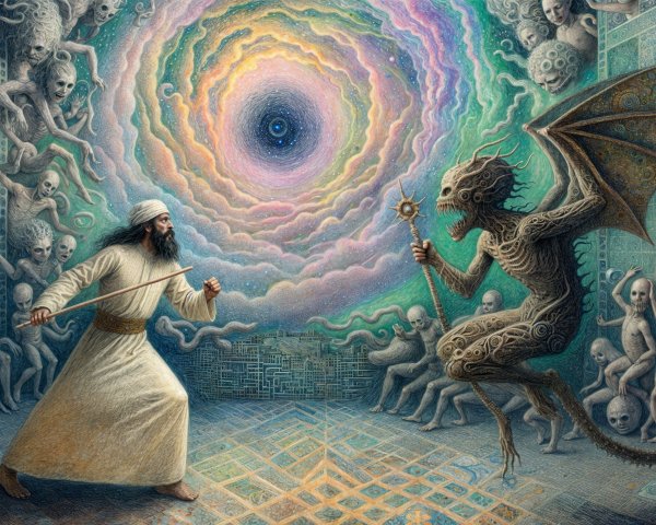 Surreal Landscape with Figure and Horned Demon