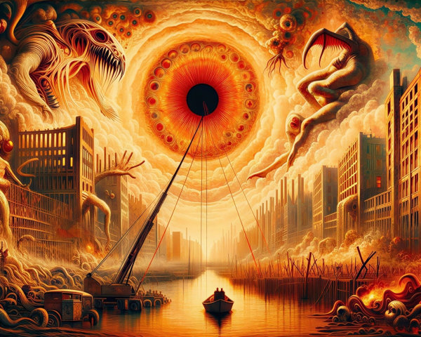 Psychedelic cityscape with surreal monsters and cosmic horror