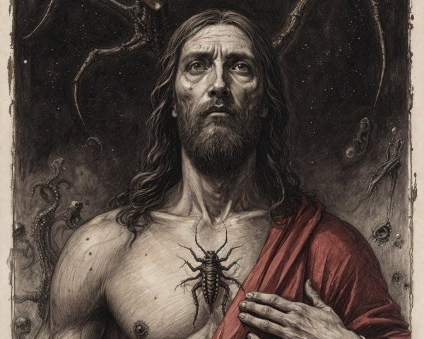 Solemn Figure in Red Robe with Ominous Spider Background