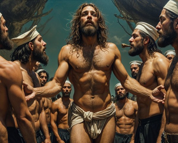 Striking Figure Surrounded by Sailors in Maritime Scene