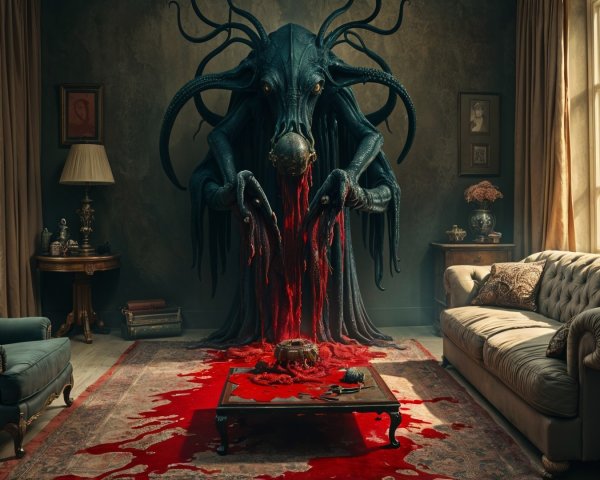 Monstrous Figure with Octopus Head in Dim Room
