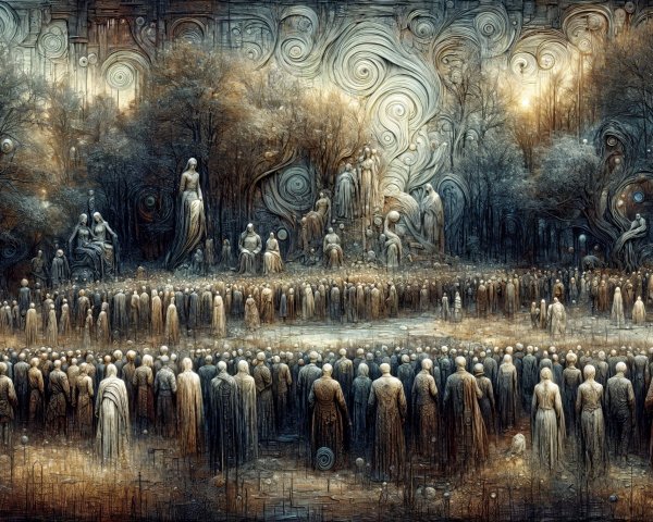 Surreal Gathering in a Dreamlike Landscape with Statues