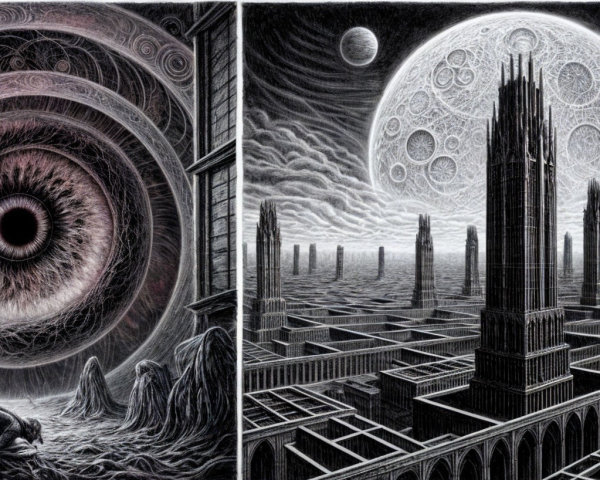 Surreal Dark Landscape with Cloaked Figure and Cityscape
