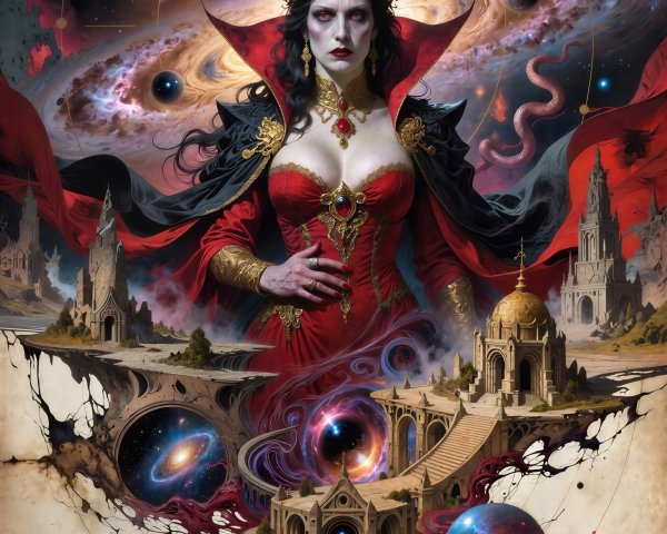 Horned Sorceress in Cosmic Landscape Artwork
