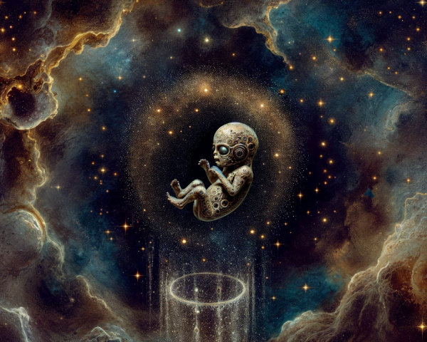 Surreal Cosmic Scene with Alien Fetus and Galaxies