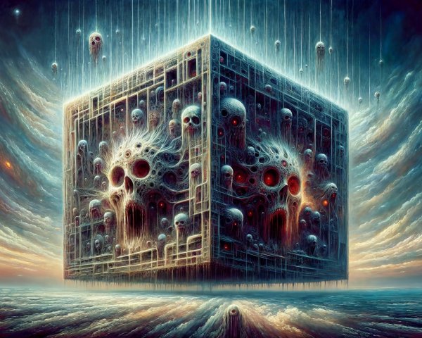 Eldritch Cube Surrounded by Ghostly Figures and Light