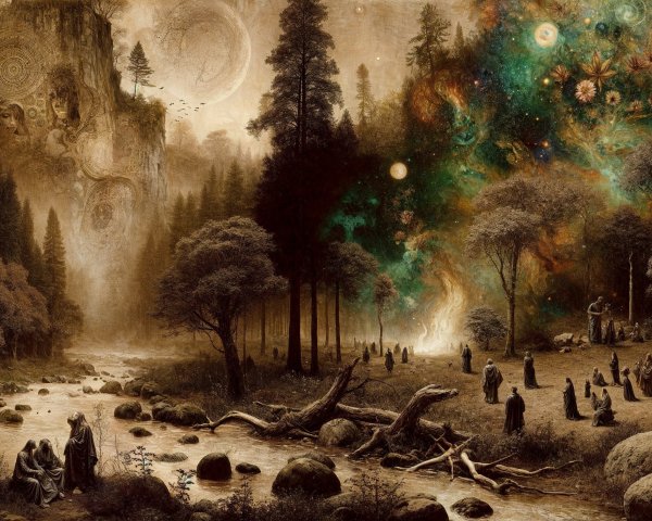 Mystical Landscape with Ancient Trees and Cosmic Backdrop