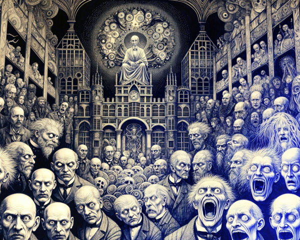 Surreal Scene with Faces and Gothic Architecture