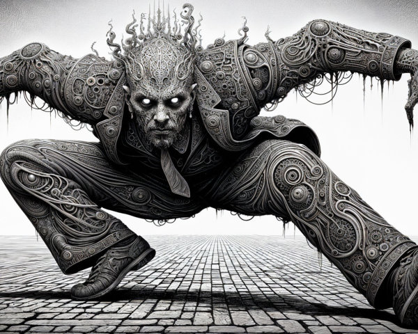 Surreal Figure in Dark Suit with Mechanical Textures