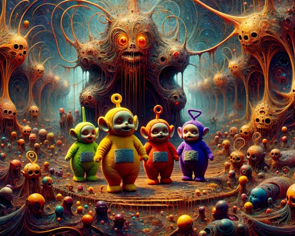 Colorful Cartoon Figures in Surreal Psychedelic Landscape