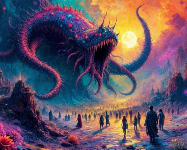 Colossal Serpentine Creature in Surreal Landscape