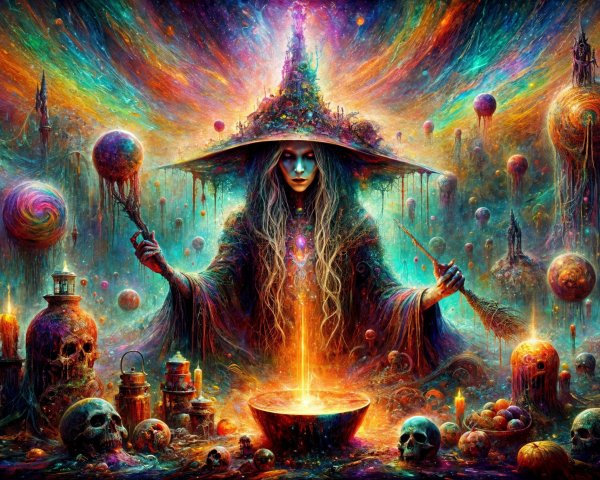 Mystical Figure with Cauldron and Cosmic Background
