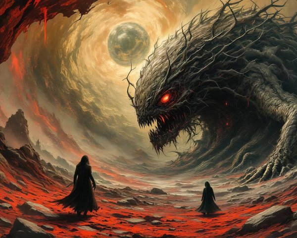 Dark Figures Confront Serpentine Creature in Barren Landscape