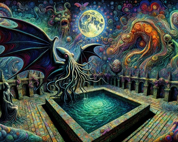 Surreal Landscape with Dark Pool and Monstrous Figure