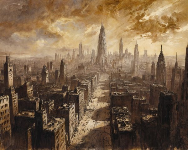 Dystopian Cityscape with Towering Skyscrapers and Clouds