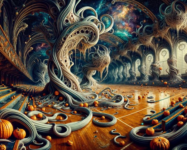 Otherworldly hall with organic forms and pumpkins