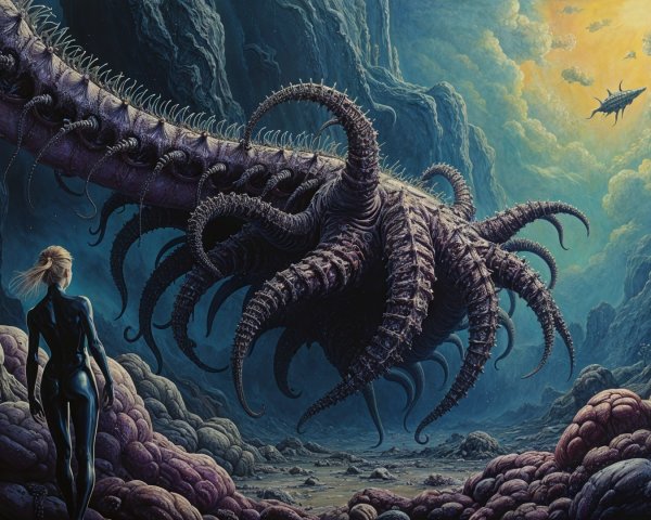 Surreal Alien Landscape with Colossal Tentacled Creature