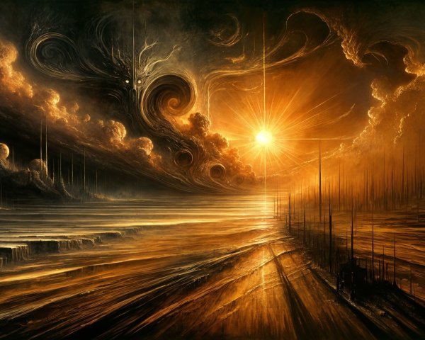 Surreal Landscape with Warm Hues and Dramatic Clouds