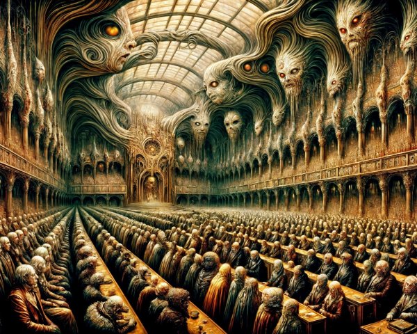 Eerie Hall with Intricate Architecture and Ghostly Faces