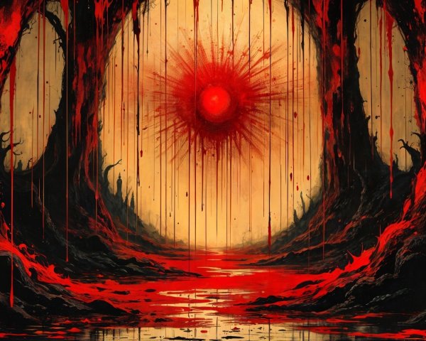 Haunting Landscape with Dark Trees and Blood-Red River