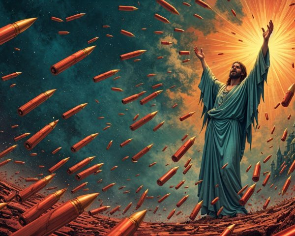 Figure in Robes Amidst Chaos and Radiant Light