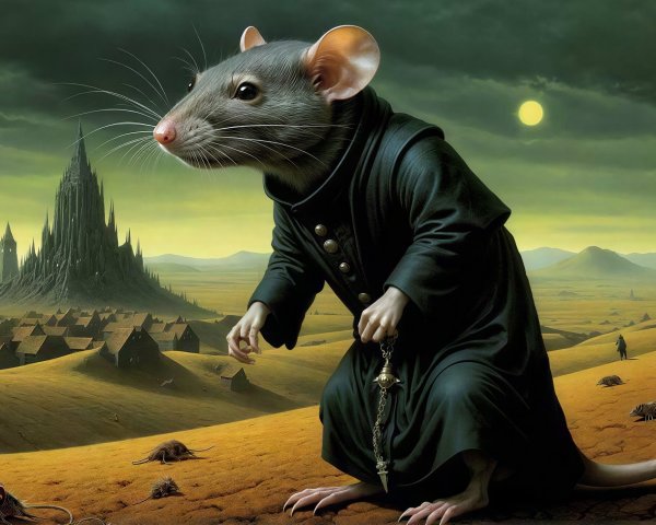Gray Rat in Robe on Hilly Landscape with Castle Background