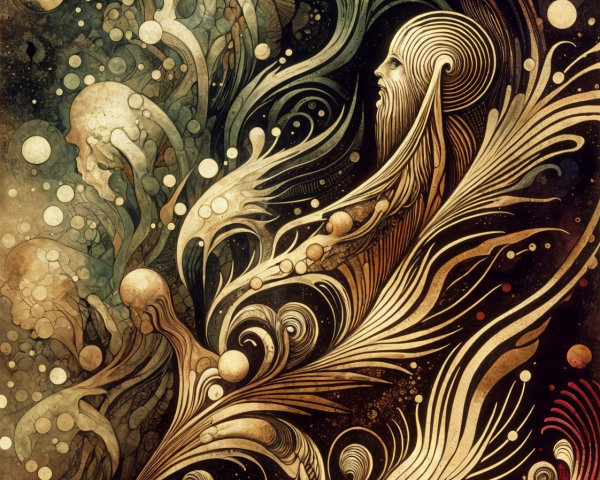 Abstract Artwork with Swirling Lines and Human Profiles