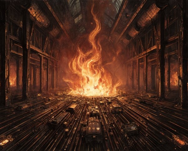 Dystopian Interior with Dark Metal and Central Fire