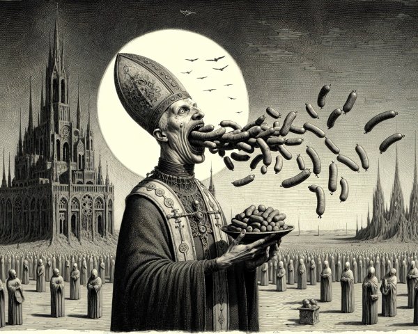 Surreal Scene of Pope Figure with Sausages and Cathedral