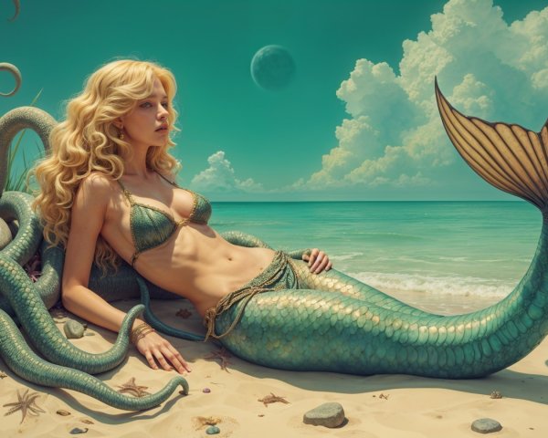 Mermaid on Beach with Green Tail and Ocean Background