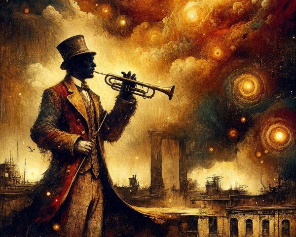 Man in top hat playing trumpet in cosmic setting