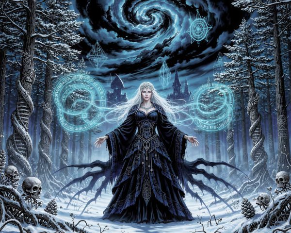 Dark Fantasy Artwork of a Sorceress in a Snowy Forest