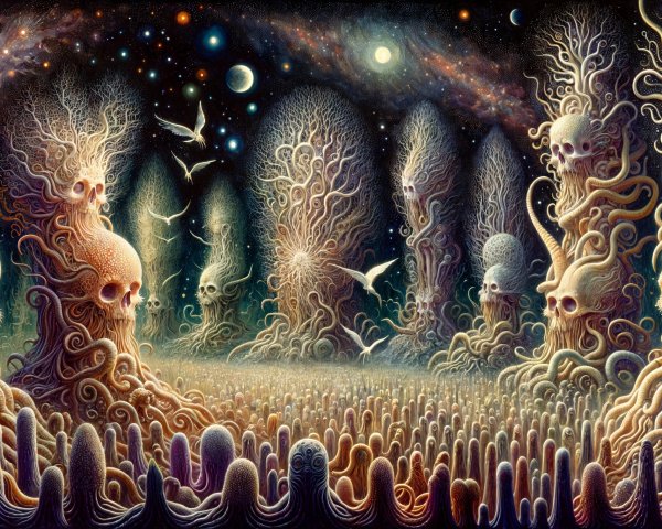 Surreal Landscape with Twisted Figures and Cosmic Elements