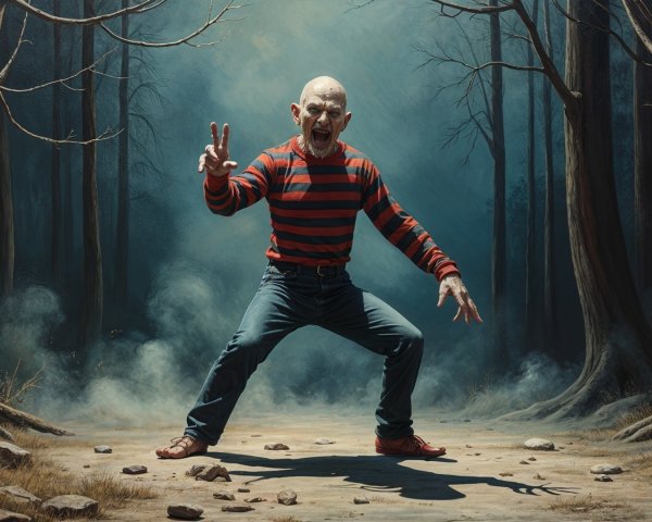 Menacing Figure in Foggy Forest with Striped Shirt