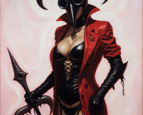 Female Figure in Red Trench Coat with Mask and Scythe