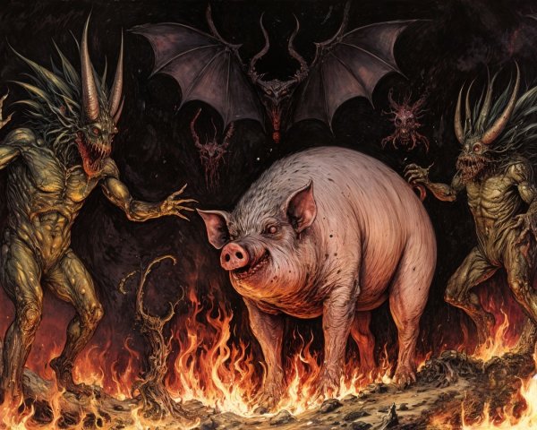 Surreal Dark Fantasy Scene with Grotesque Creatures