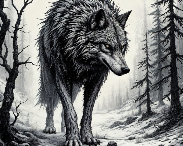 Majestic wolf in a wintry forest under moonlight