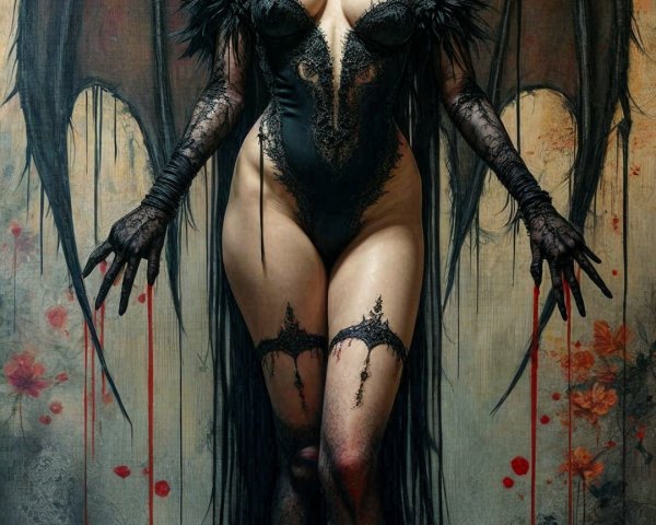 Dramatic Figure with Wings and Gothic Heart Motif
